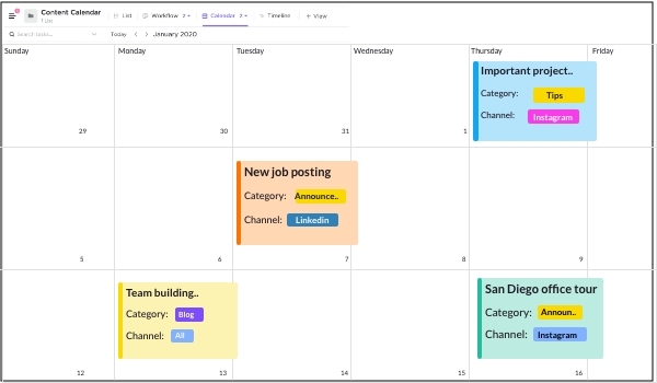 A content calendar shows task details on specific dates in a calendar format. Tasks are color coded for convenience