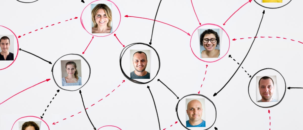 A web of red & black arrows connect the headshots of several individuals representing corporate communication