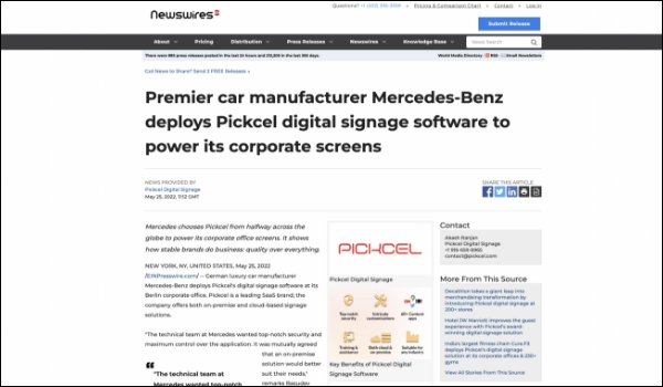 A press release bears the news of Pickcel's digital signage project for Mercedes Benz.