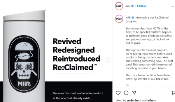 A social media post on the brand MiiR's page shows a launch of their sustainable ReClaimed program.