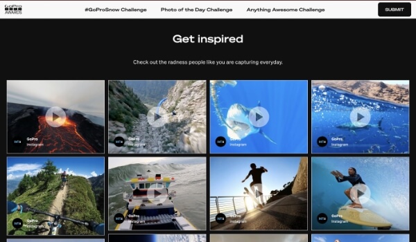 GoPro's landing page shows user-generated content that generates massive engagement