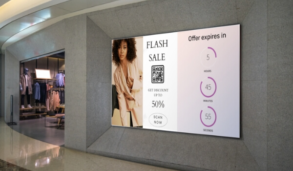 Digital signage for showroom displaying limited period offer with countdown timer