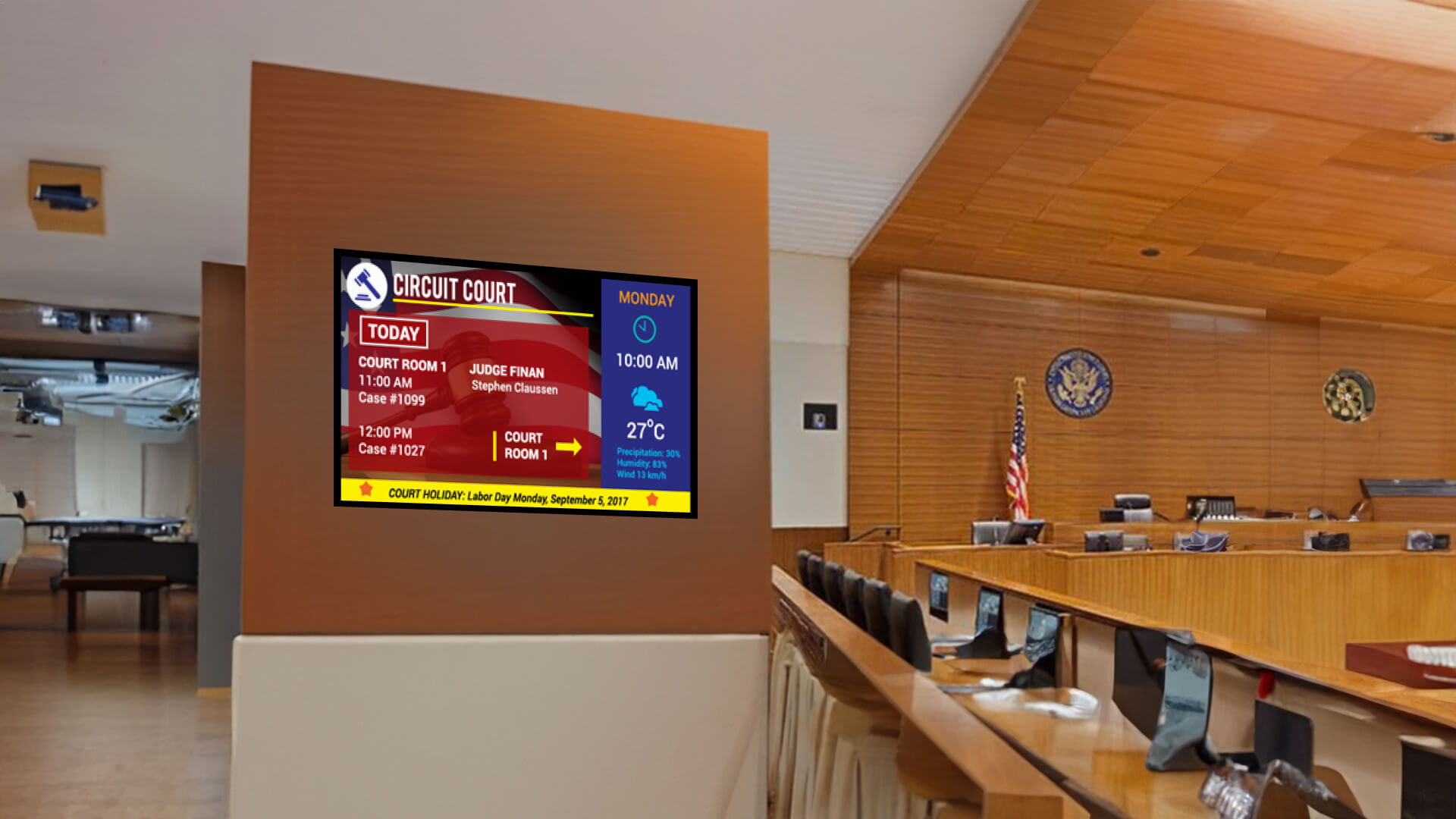 Courtroom digital signage being used for showing information catered to various people.