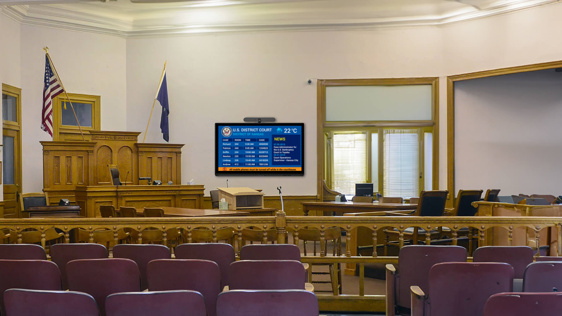 Digital signage being utilized to show real time data in a court
