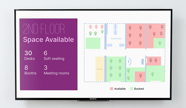 digital signage screen displaying availability of desks, soft seating, booths and meeting rooms on 2nd second floor of a coworking space