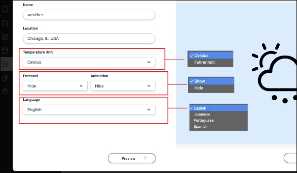 The image shows how to alter the look of your Weather app by enabling or disabling the highlighted features