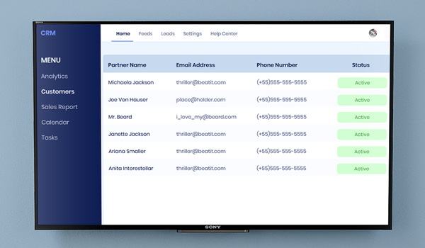 meeting room digital signage screen displaying customer data from CRM