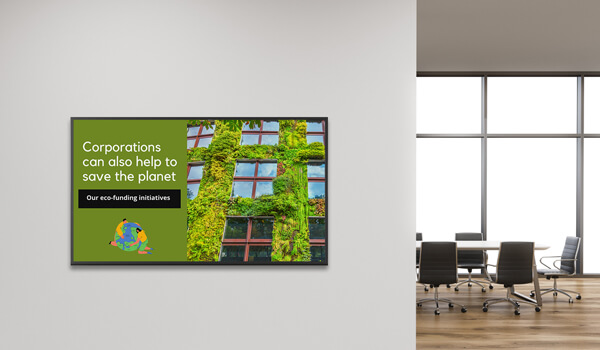 Large wall-mount display in an office corridor highlights the CSR efforts undertaken by a corporate brand