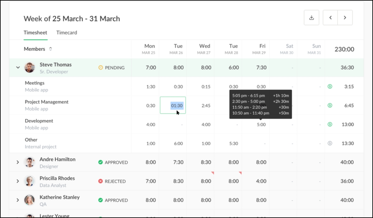 EverHour dashboard showing an employee's timesheet