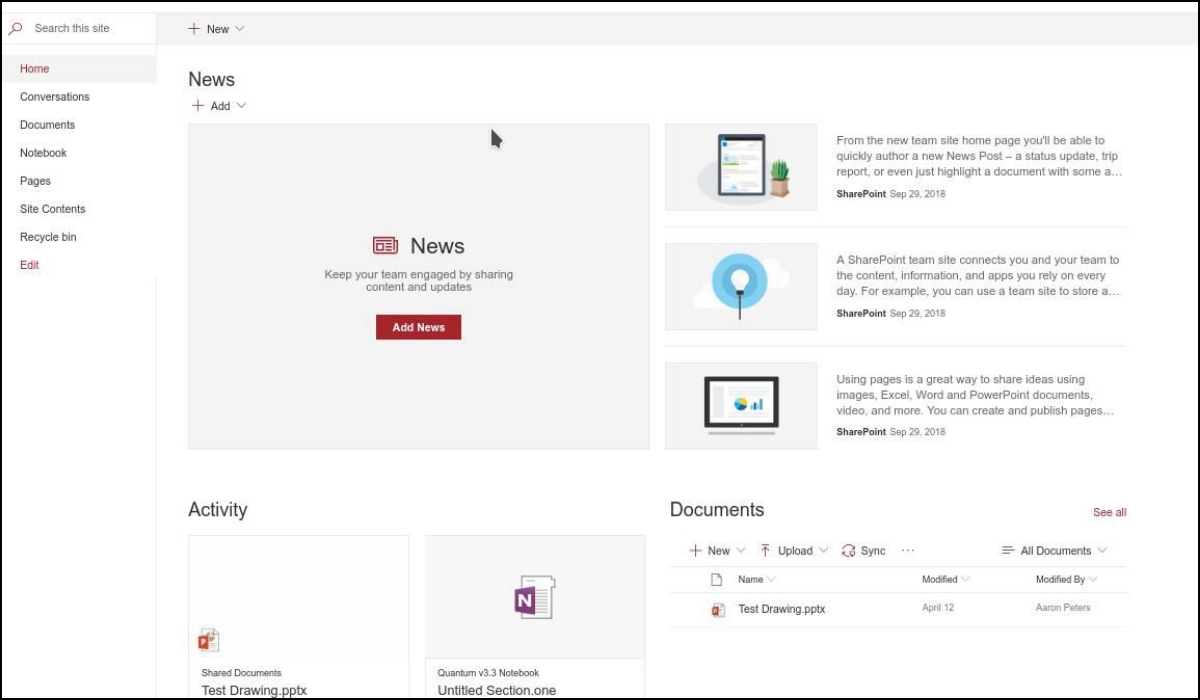 A company intranet created with Microsoft SharePoint shows internal news, documents, and the latest company activities