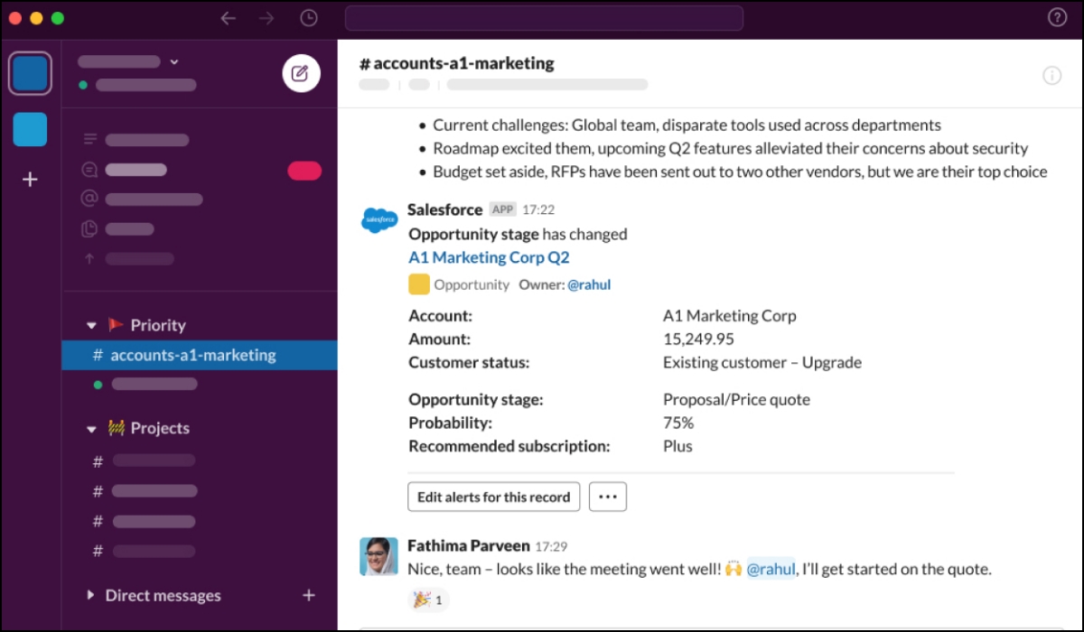 The Slack dashboard shows team names and groups within the workplace and messaging threads