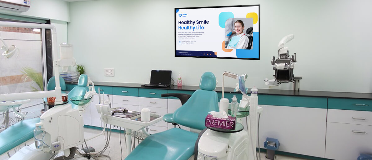 A digital signage screen in a dentist's clinic.