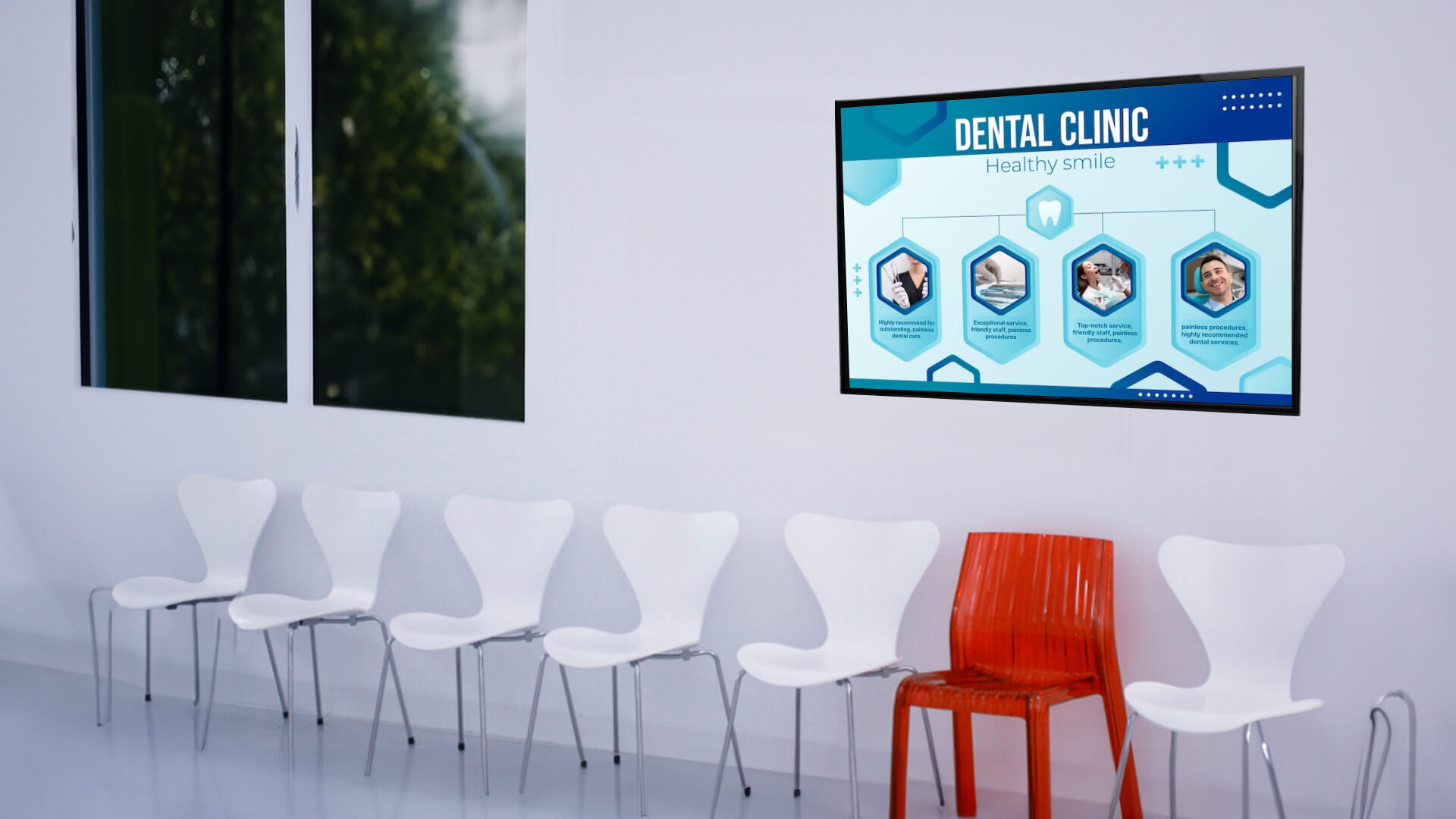 Digital signage in a dental clinic showing patient feedback.