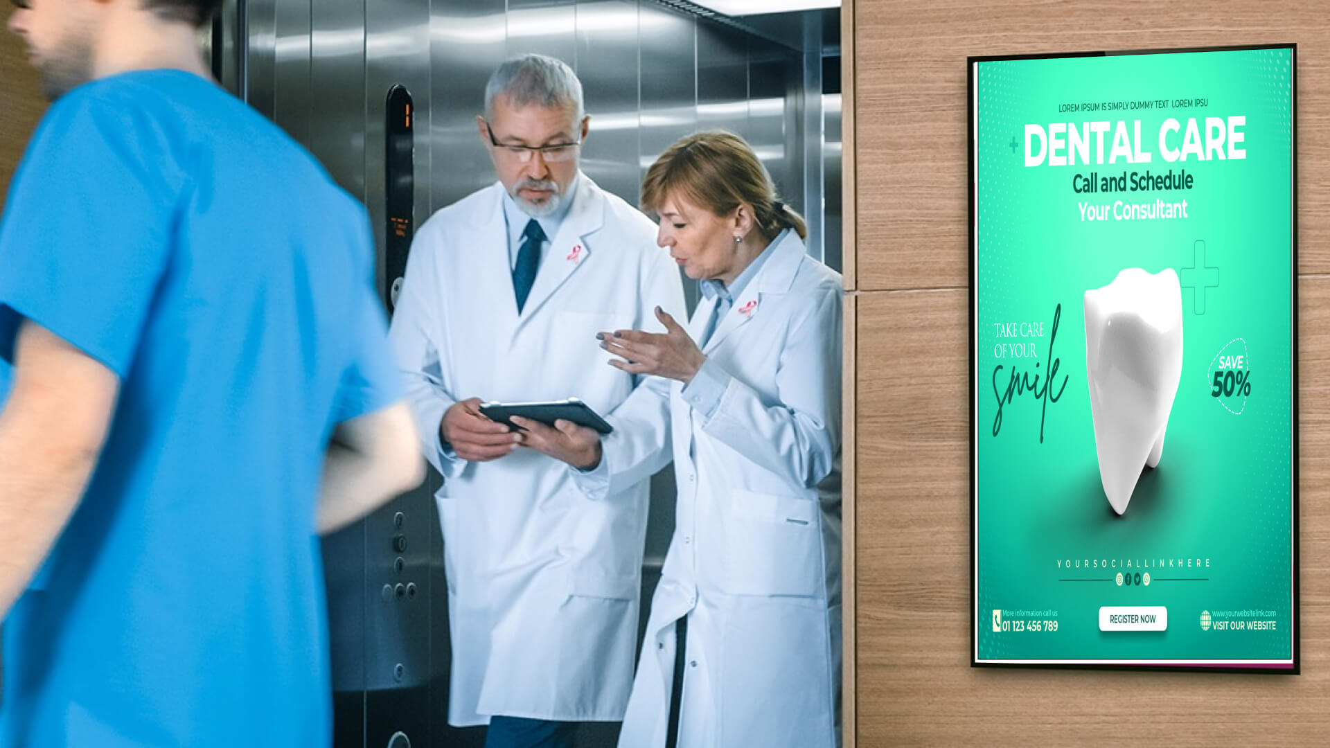 Digital signage in a hospital setting showing advertisements.