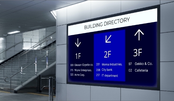 a mall equipped with digital signage screen displaying digital buiding directory