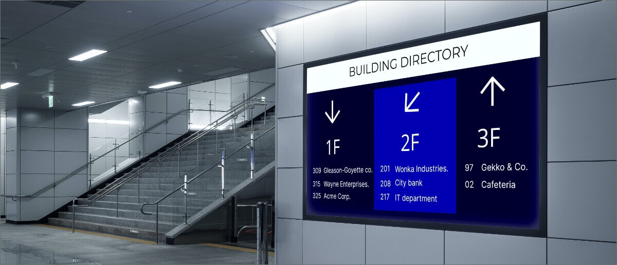 a mall equipped with digital signage screen displaying digital buiding directory