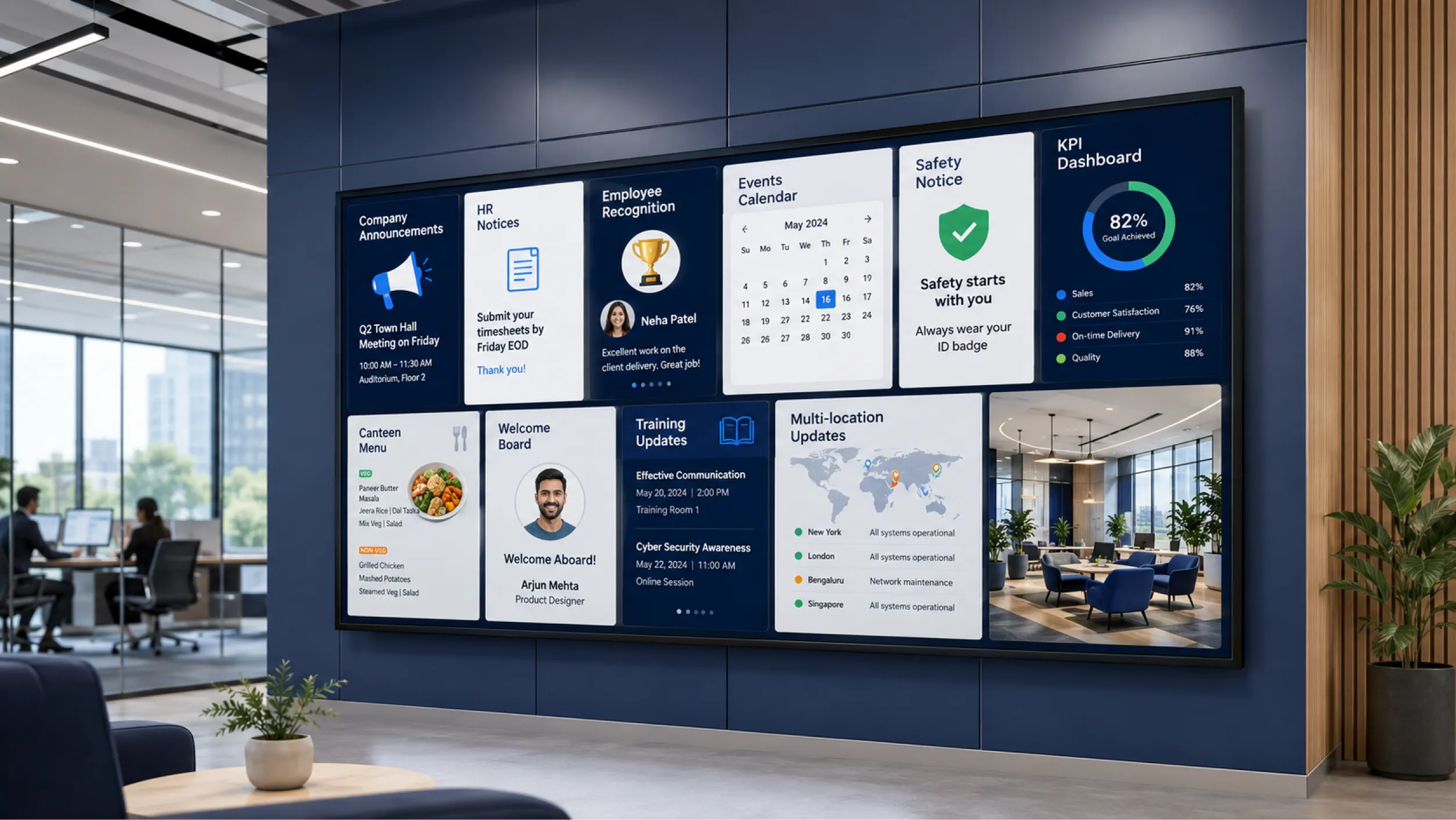 Digital bulletin board displaying workplace communication templates on a modern office screen