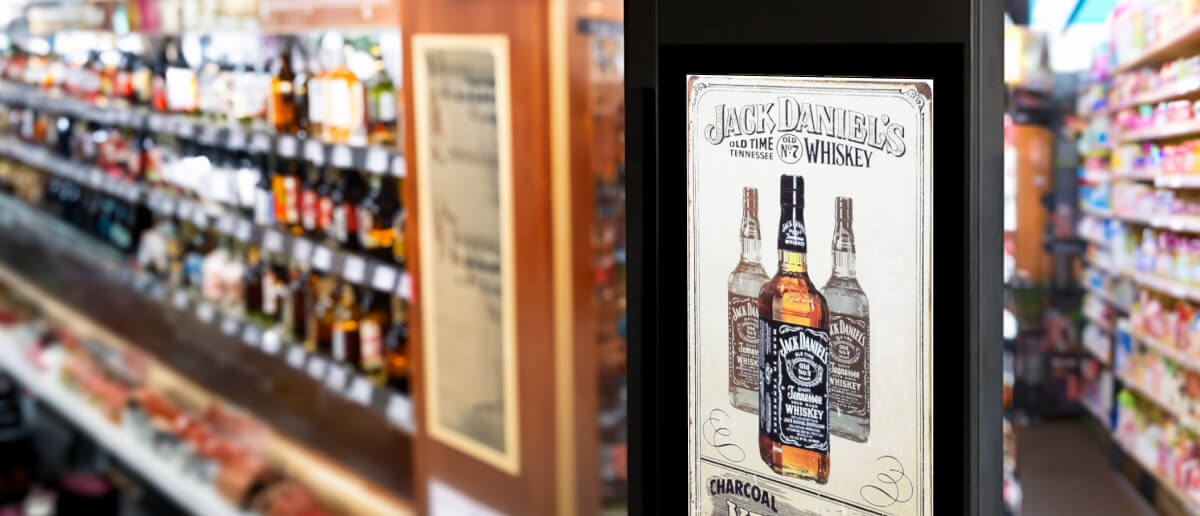 A liquor store aisle sign showing their offerings.