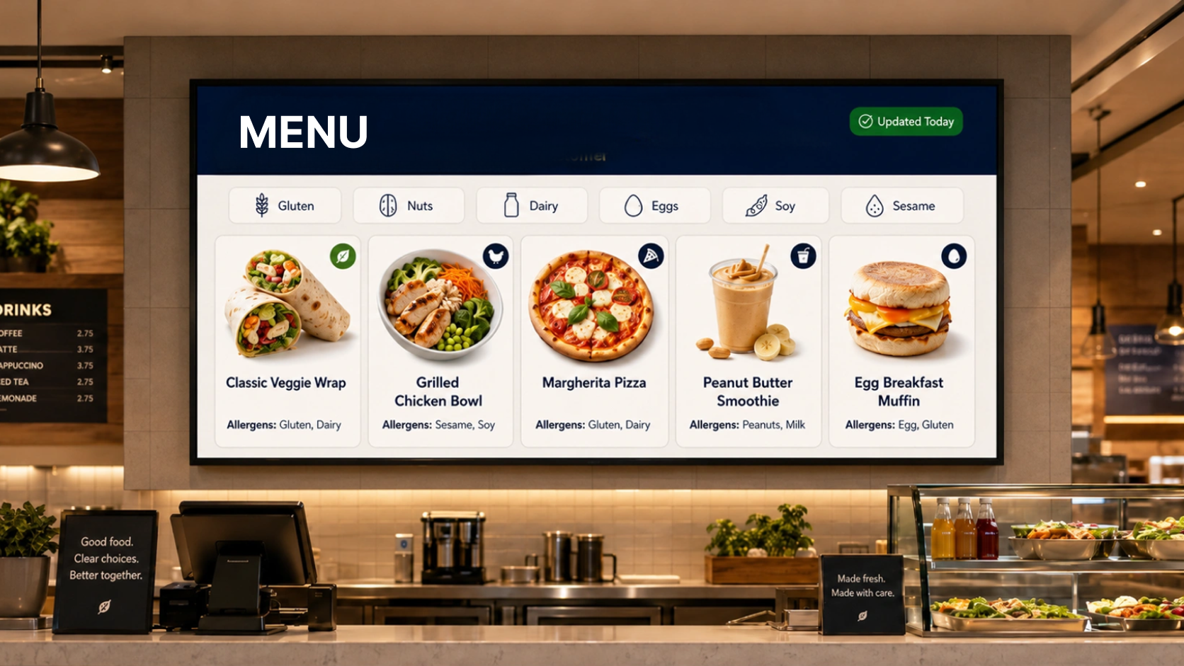 Restaurant digital menu board showing allergen icons and menu item descriptions