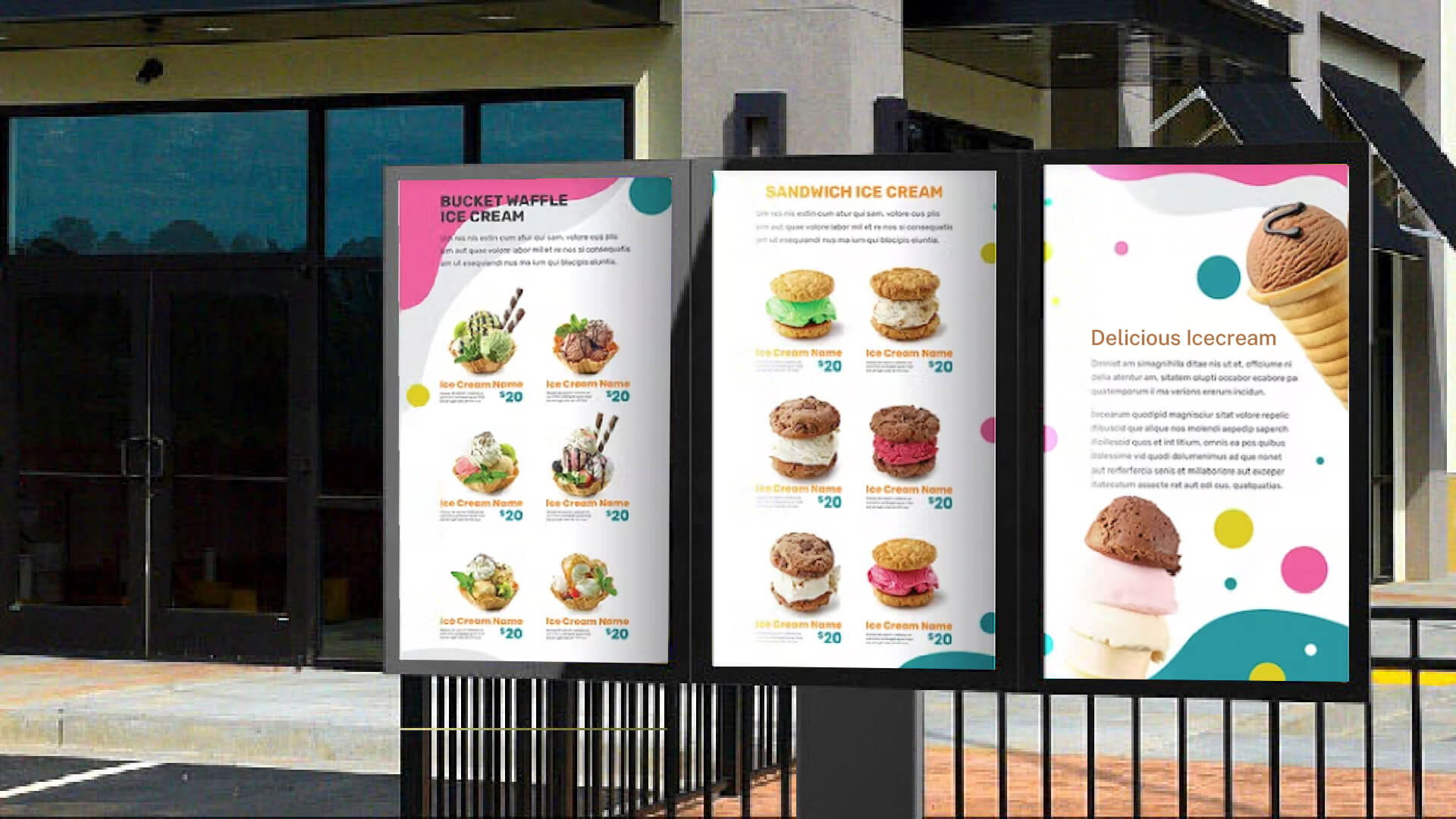 Image showing a series of outdoor digital menu boards at a drive thru