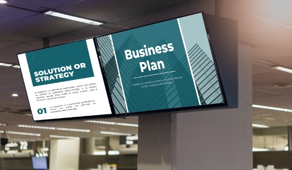 Business plan and strategy of a company is shown on digital reader board for all corporate employees and visitors