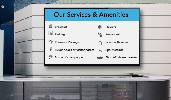 Services and amenities of a hotel displayed on digital reader board