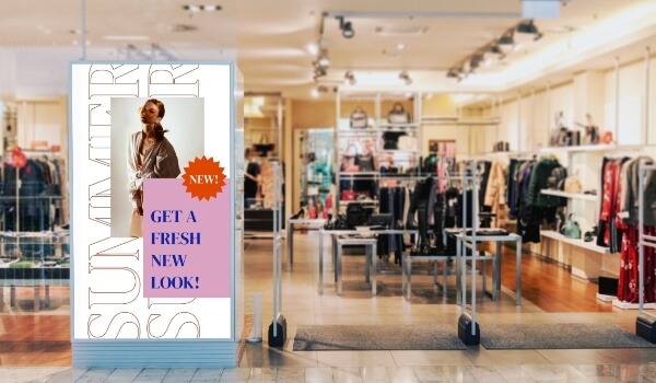 digital signage display inside a clothing retail store displaying summner collection content