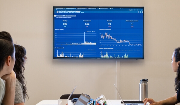 A group of employees watch a data dashboard shown on a digital signage screen.