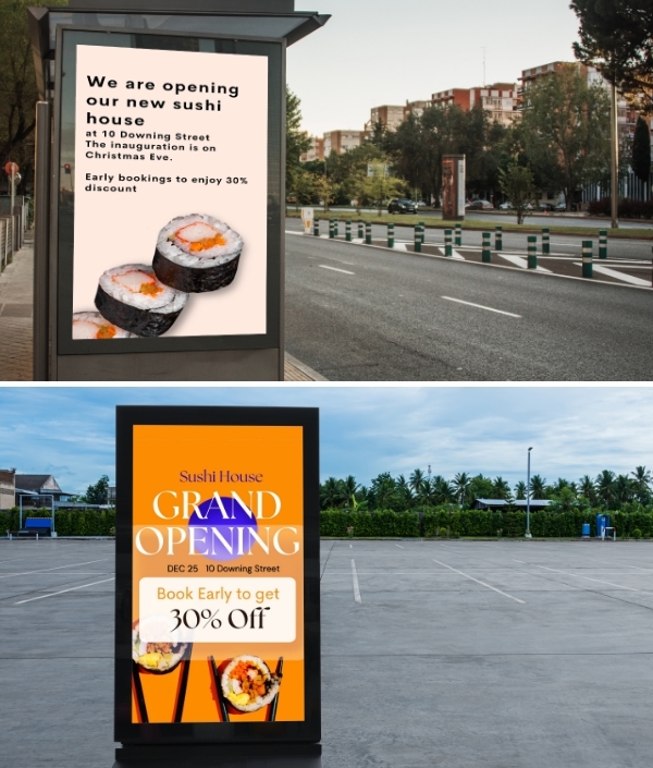 Digital signage images showing restaurant-opening announcements