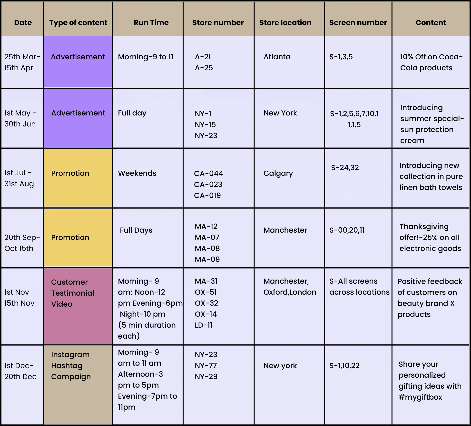 content calender for digital signage screen