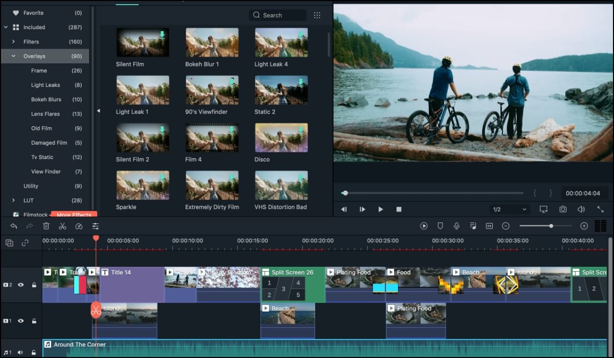 Filmora's video editor shows various tools to color grade a scene