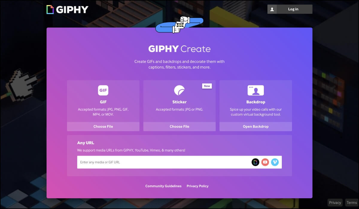 GIPHY's online GIF maker tool shows options convert stickers, JPG, PNG, etc. to GIF