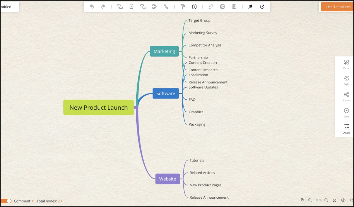 Git mind's free mind-map creation tool shows a product launch plan