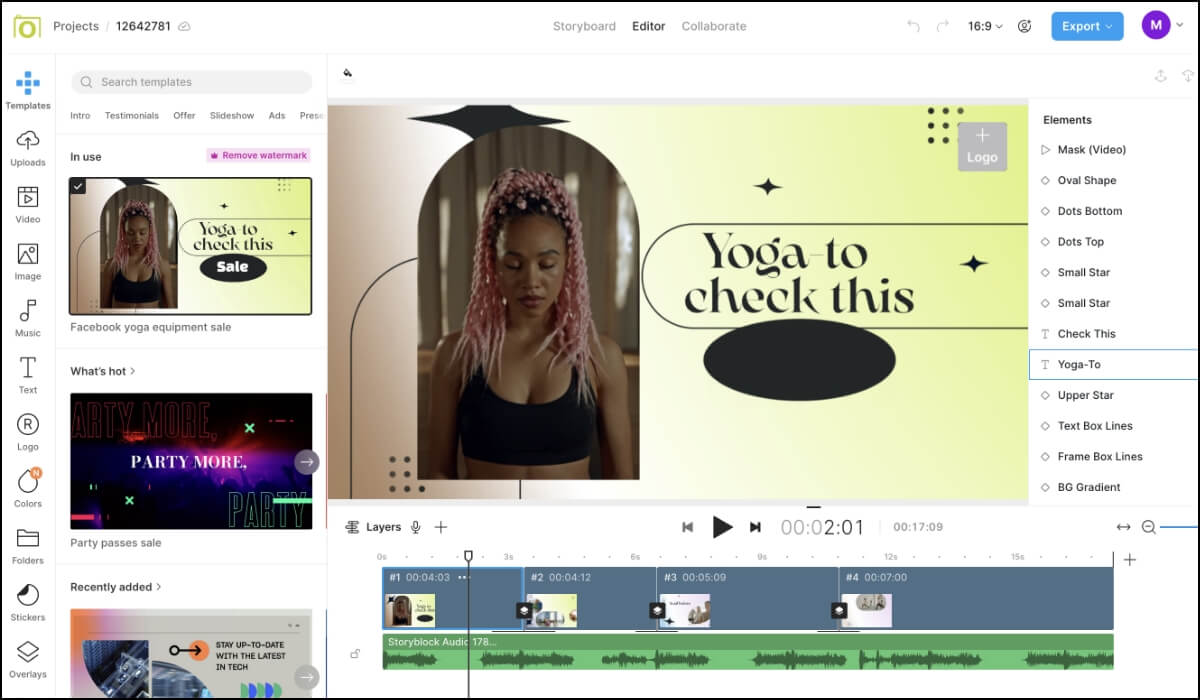 A video is being edited using the application Kizoa. It shows various templates & elements of design