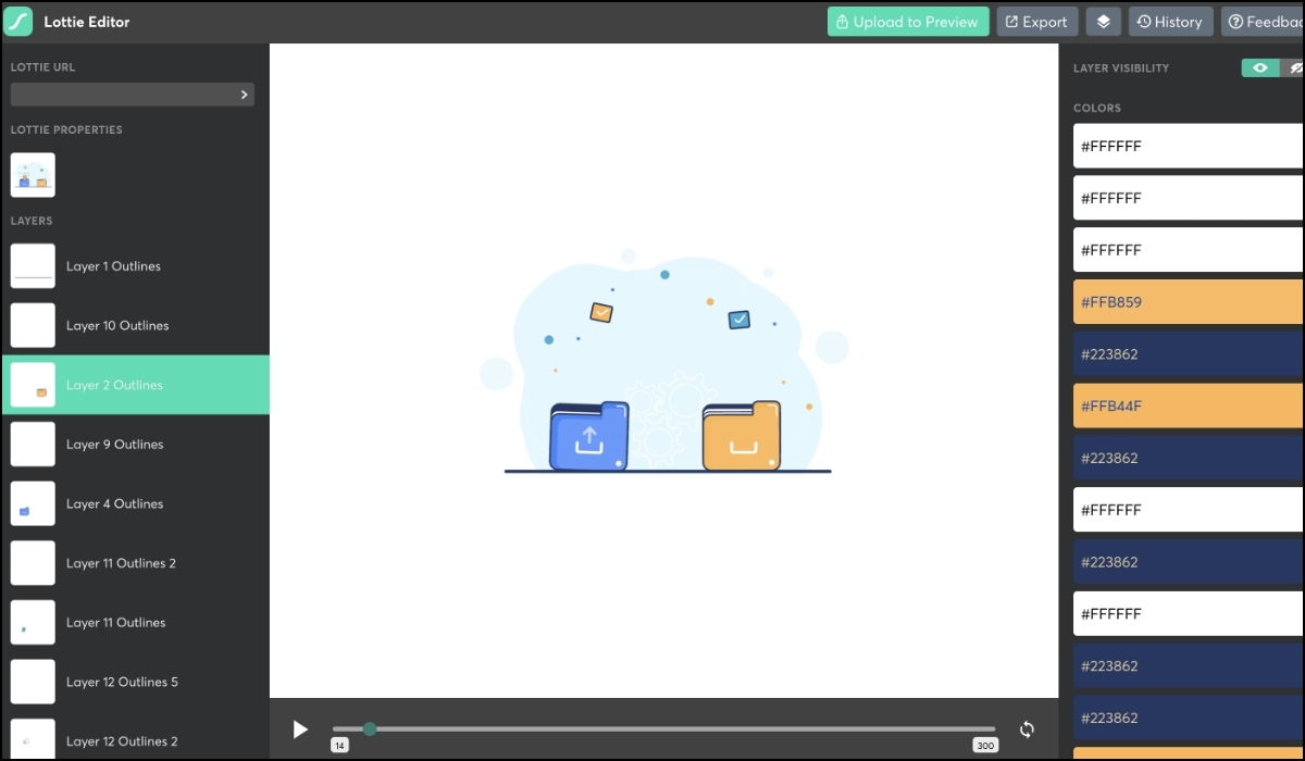 Lottie Files editor screen shows layer option & color schemes to design short animations