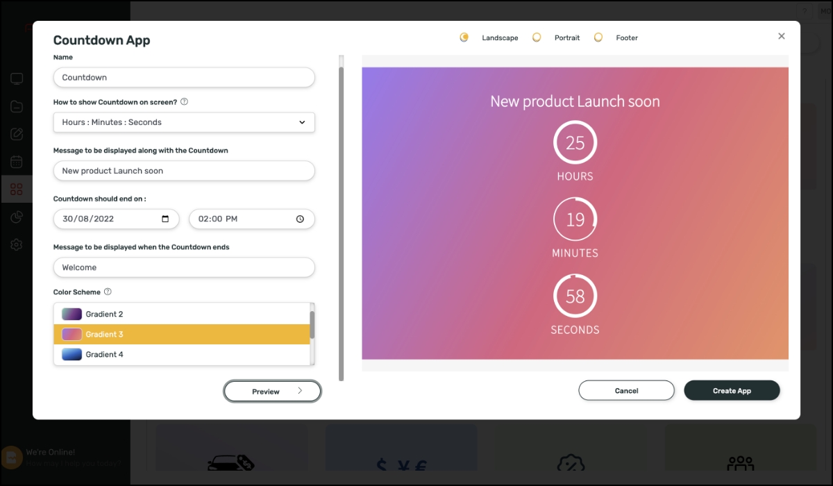 Pickcel's countdown app shows various parameters to custom-design a countdown timer for digital signage