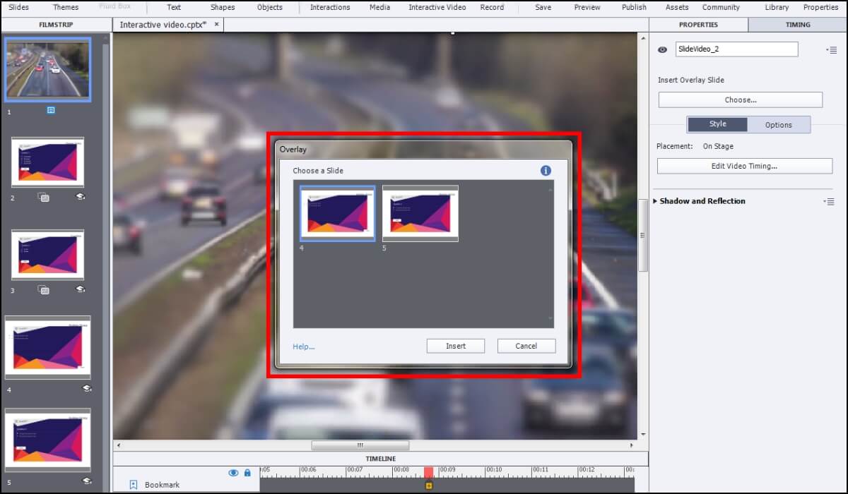 Adobe Captivate's editor shows a slideshow presentation in the making