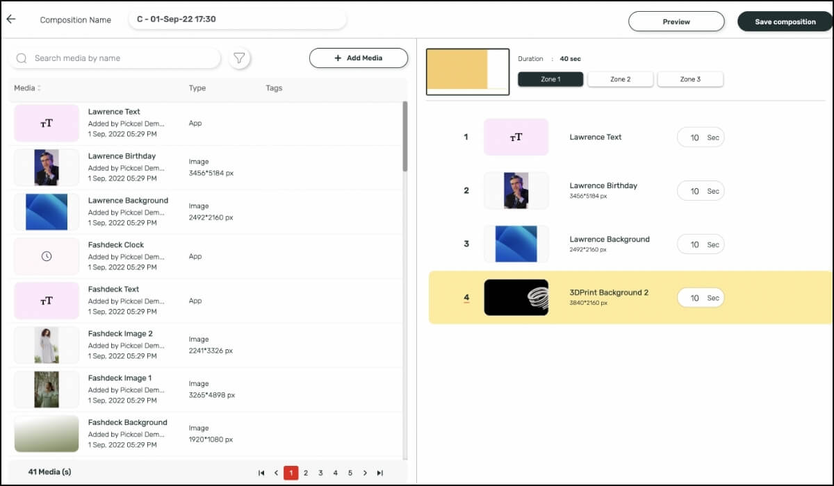 A user adds different media to a screen layout with 3 zones created with Pickcel composition editor