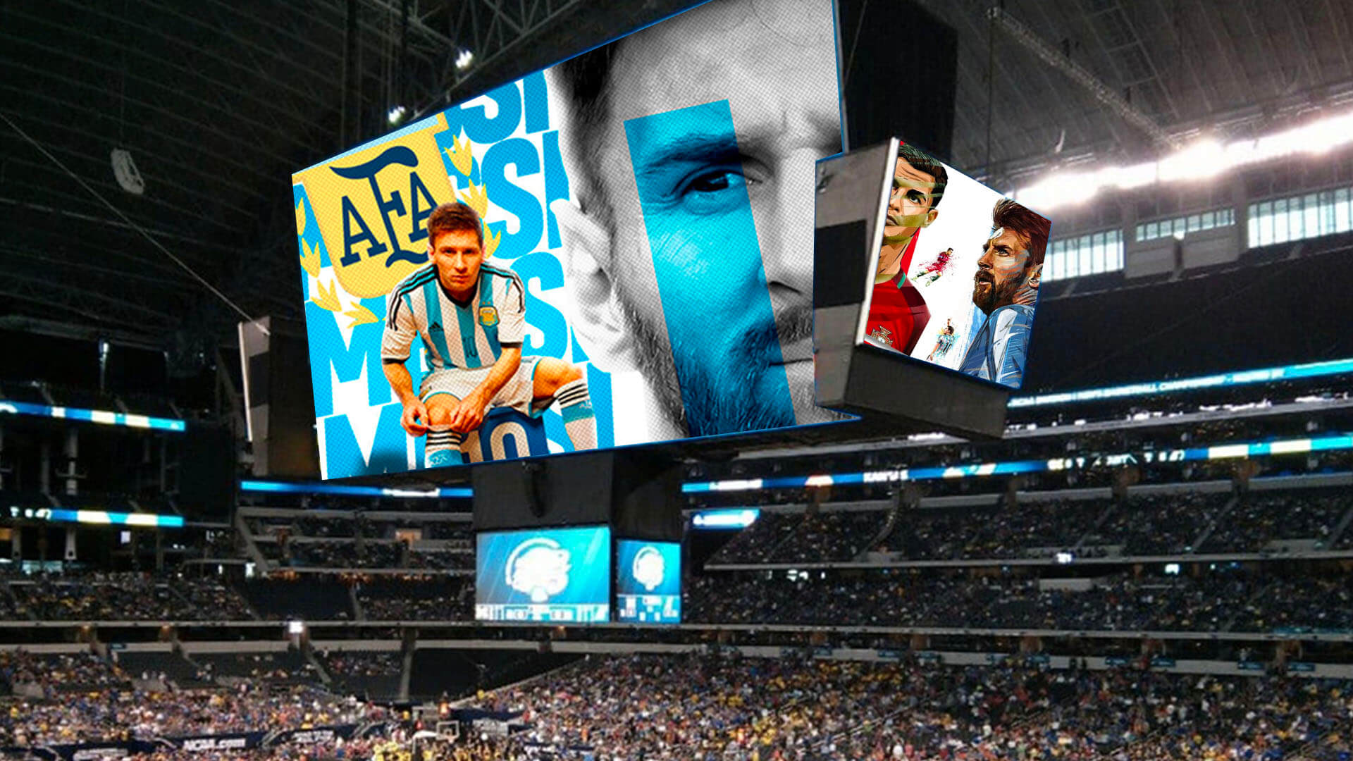Fan art showcased on a digital signage screen at a stadium