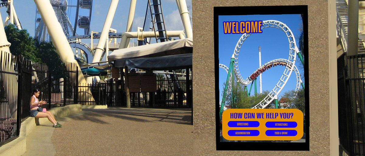 A digital signage screen at an amusement park