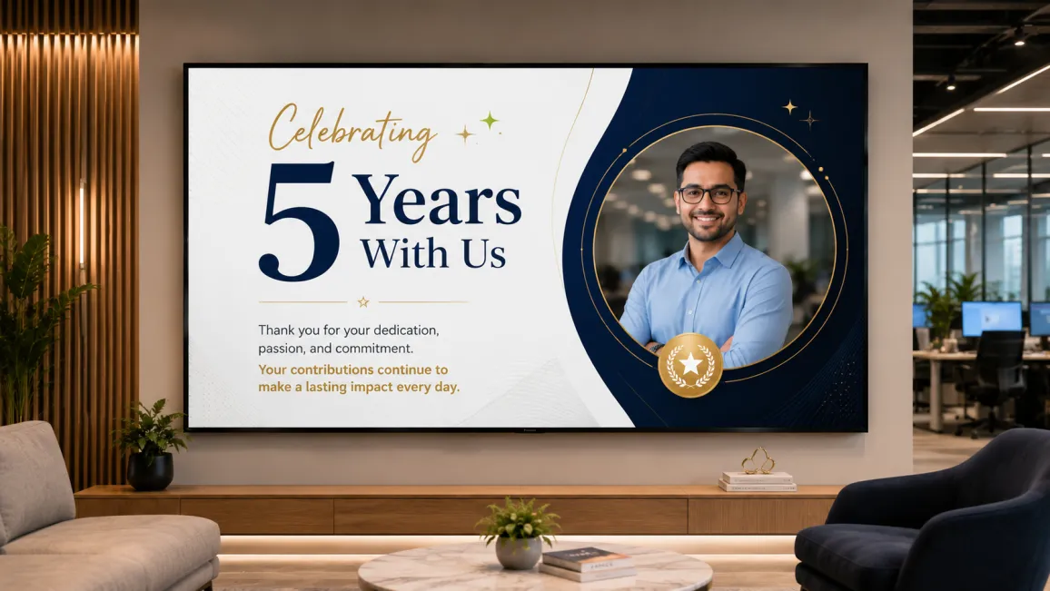 HR professional reviewing employee recognition display on digital signage screen in corporate office