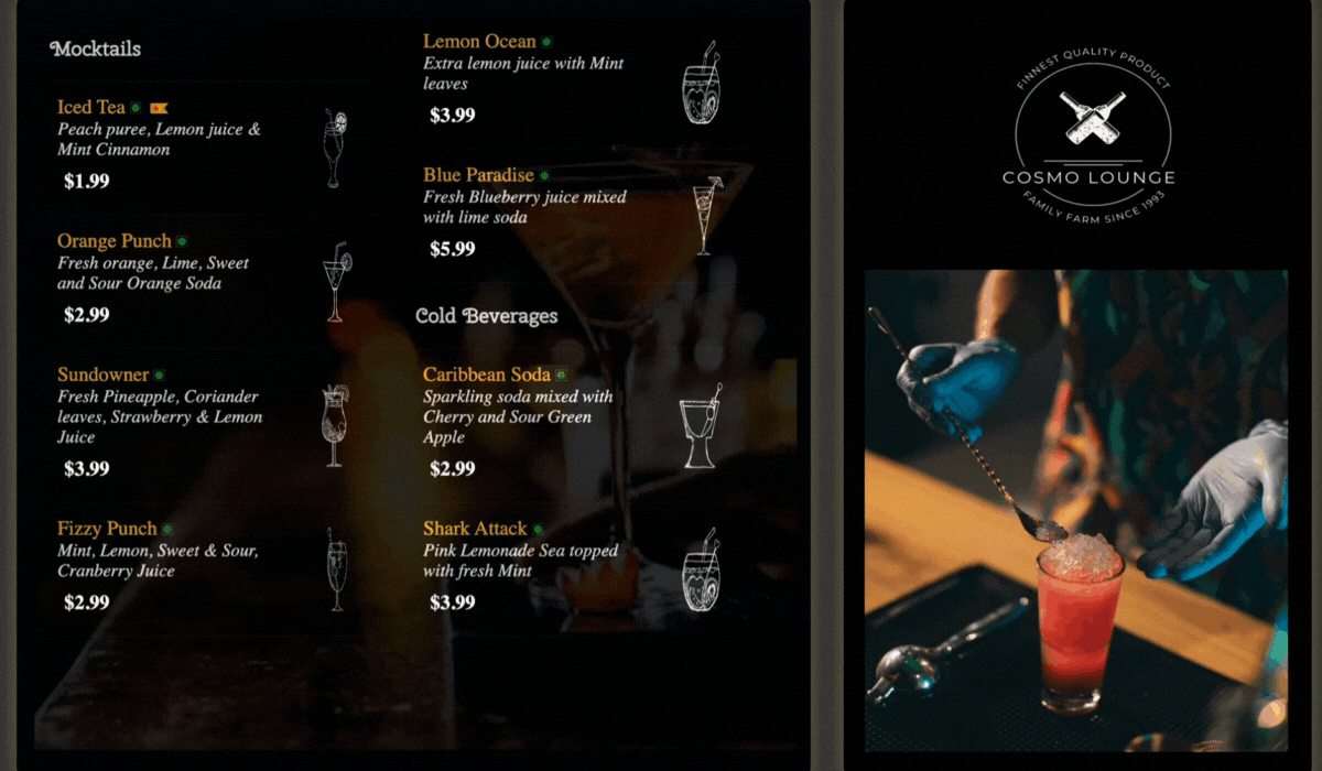 a digital menu board template shows a dark themed bar menu on the left & a playlist of food photos on the right