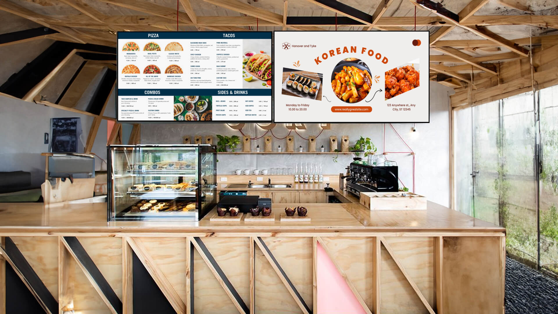 A digital menu board showing the items offered in the menu on digital signage screen.