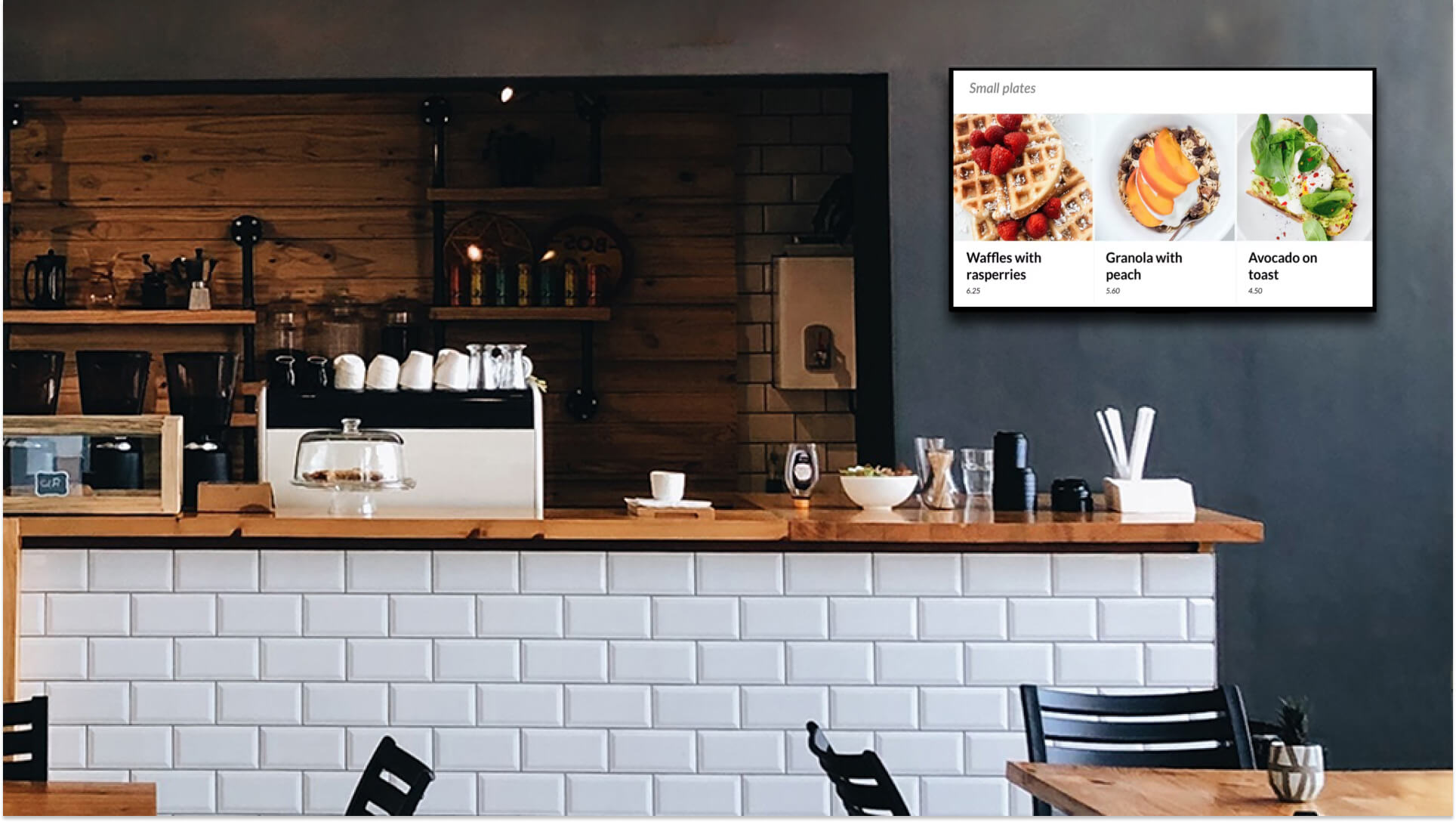 A digital menu board showing the items offered in the menu alongwith the prices