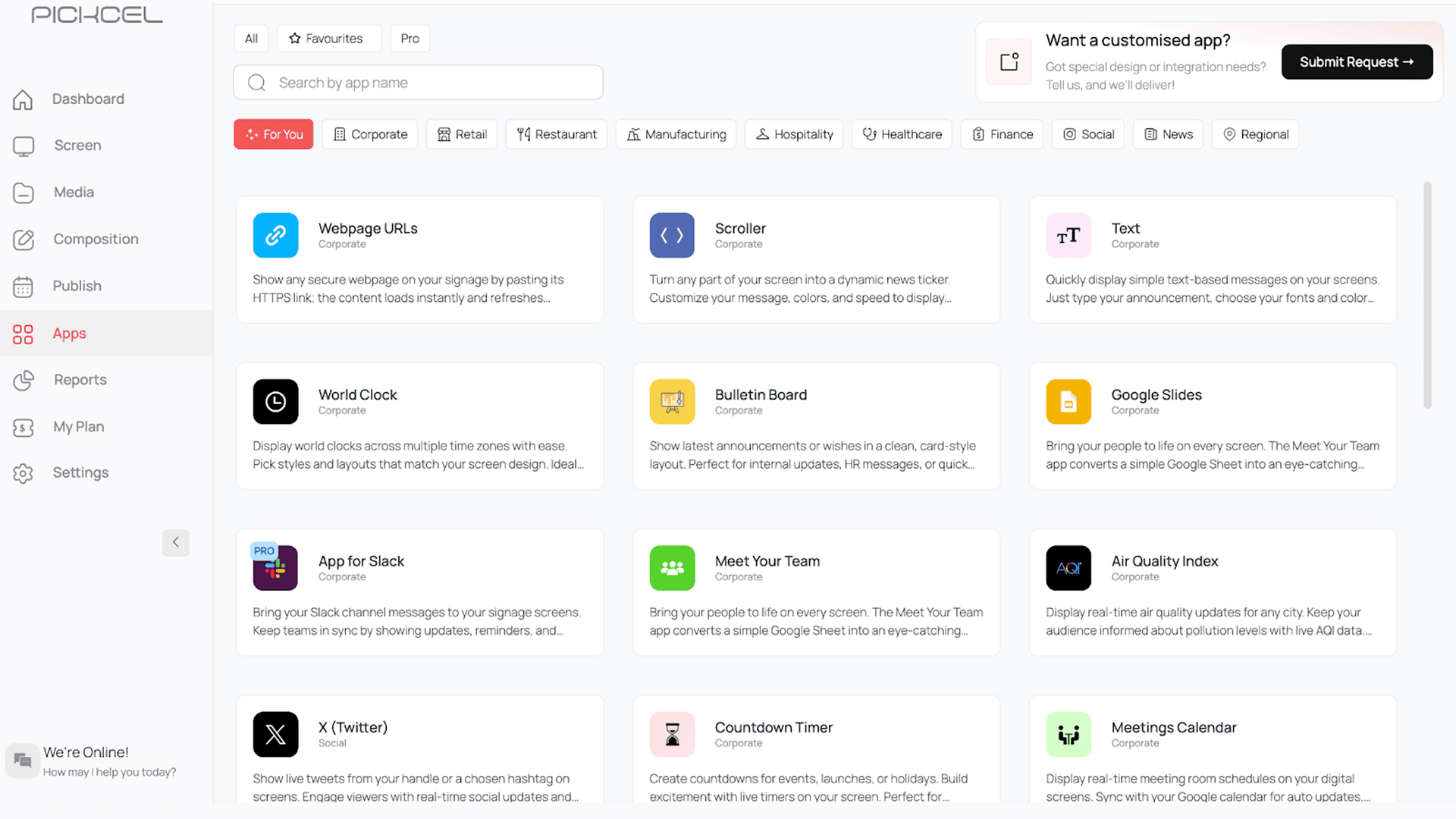 app dashboard pickcel