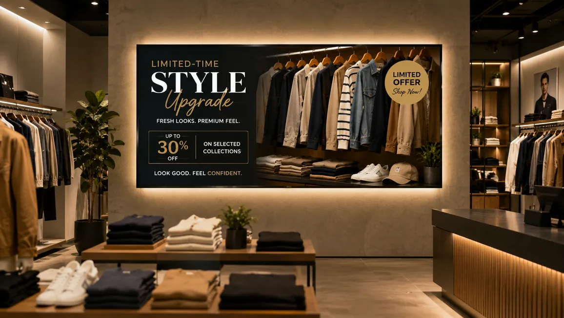 Checkout queue digital signage screen displaying a countdown timer upsell offer