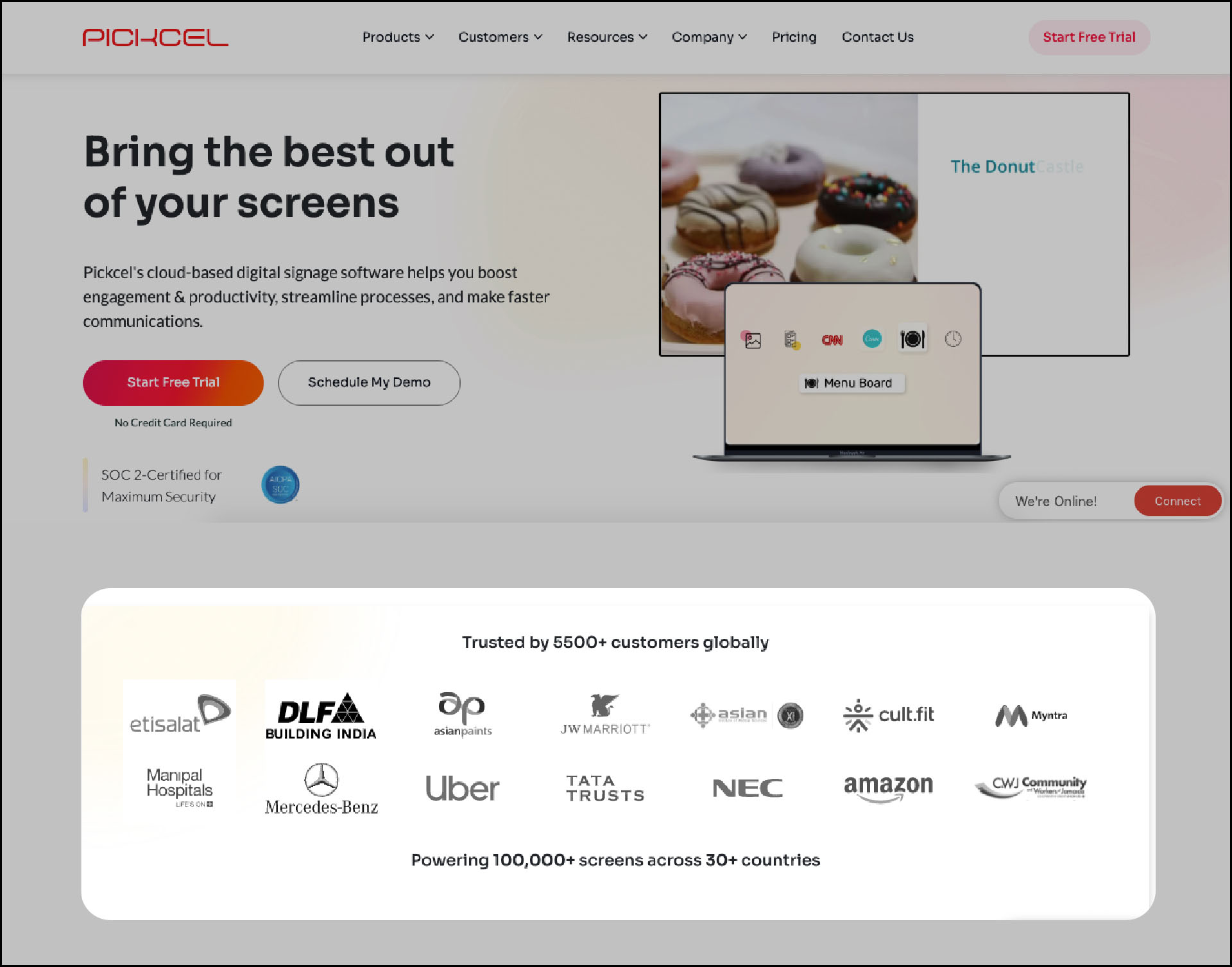 A screenshot of the Pickcel home page shows the software company's client list