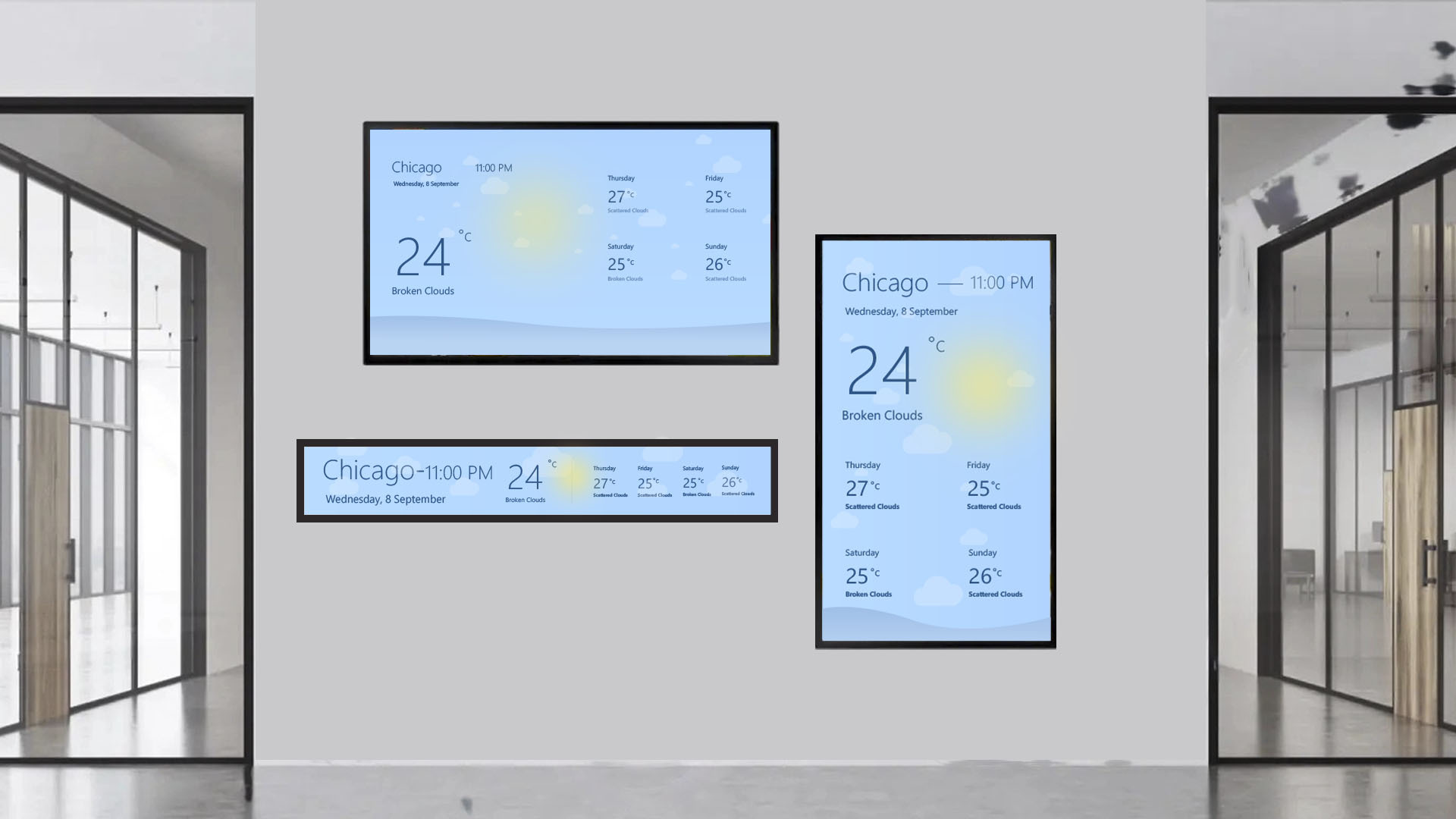 digital signage screens of different layouts show the same content