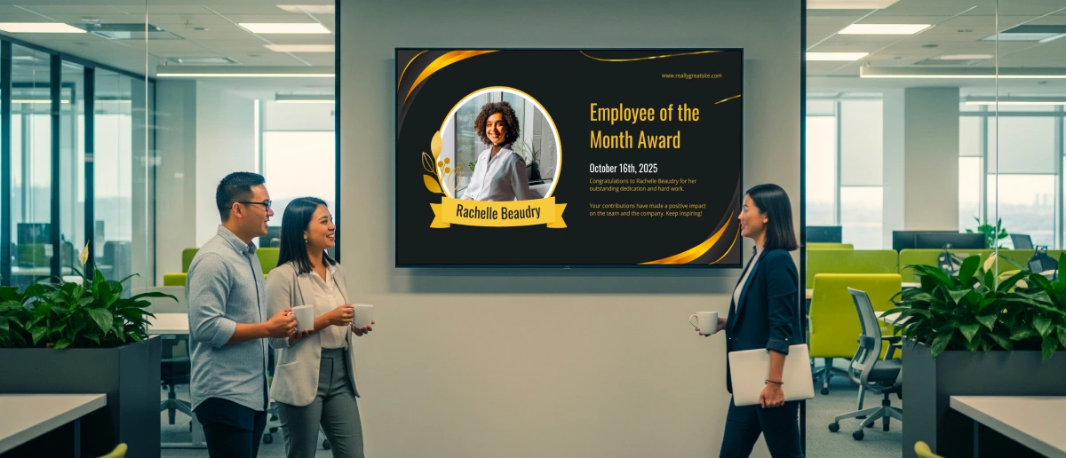 Digital signage screen in manufacturing facility displaying shift schedule and employee recognition update