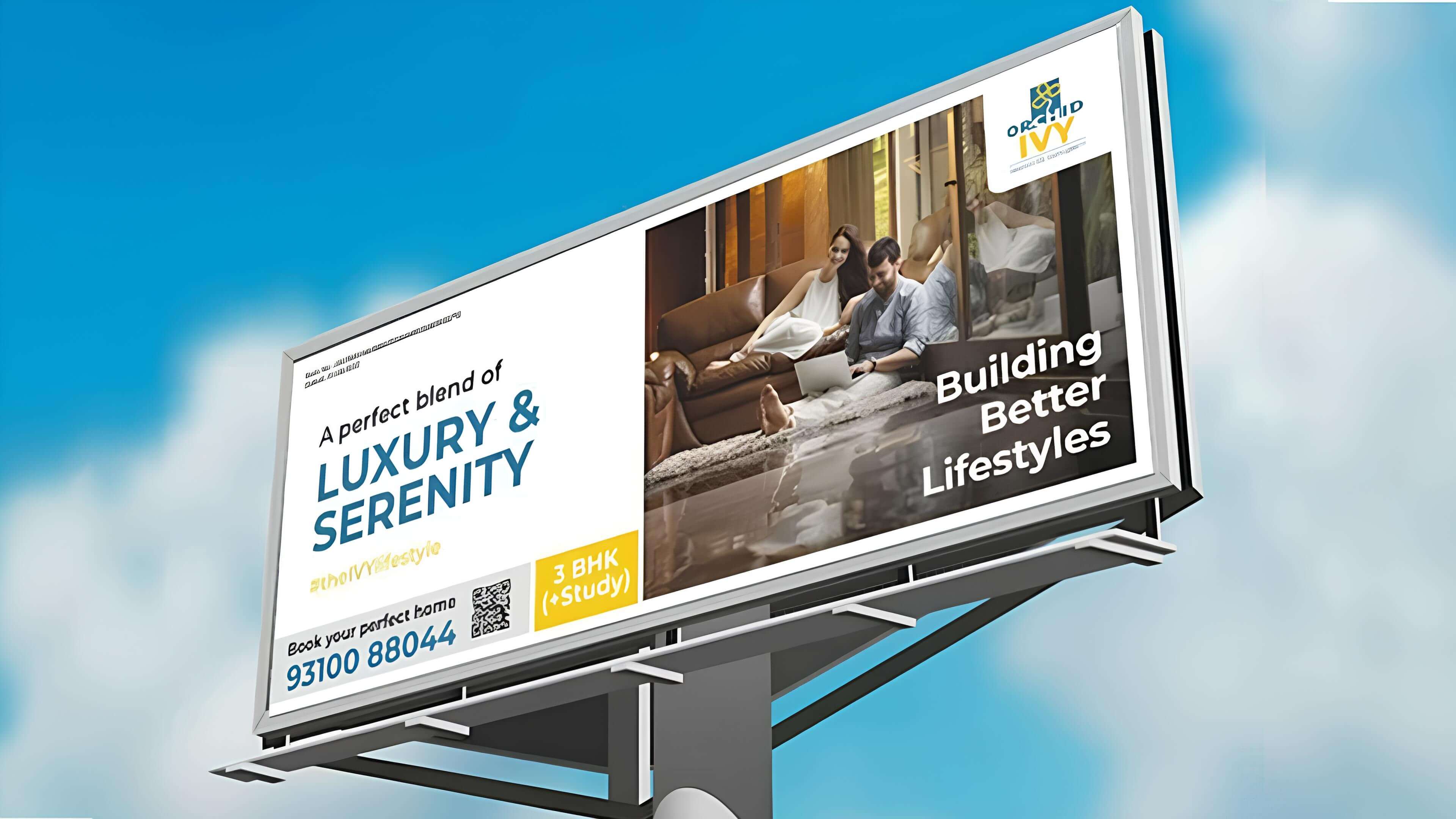 A billboard showing an ad for a luxury apartment buiding.